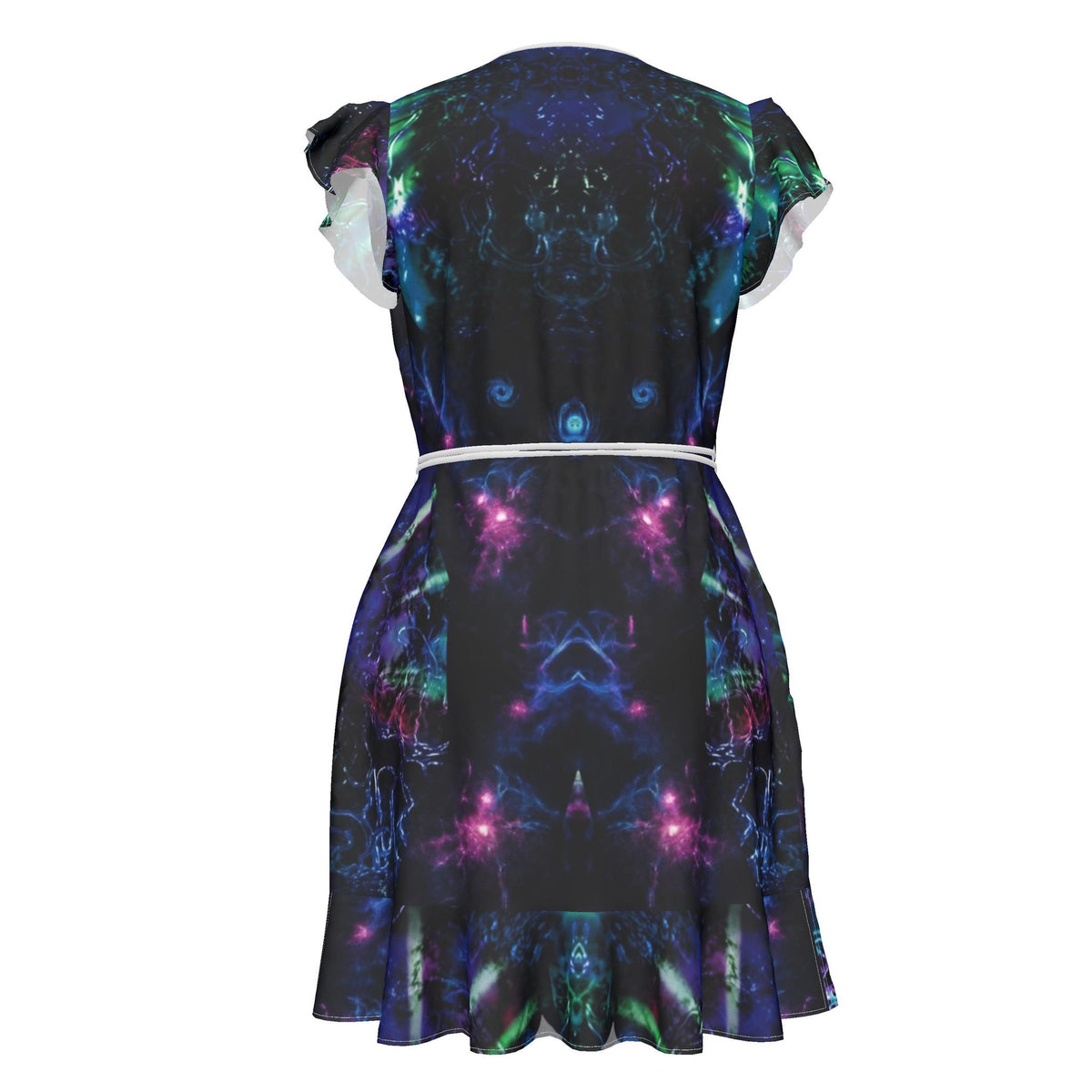 V-Neck Flutter Sleeve Galaxy Print Wrap Tea Dress