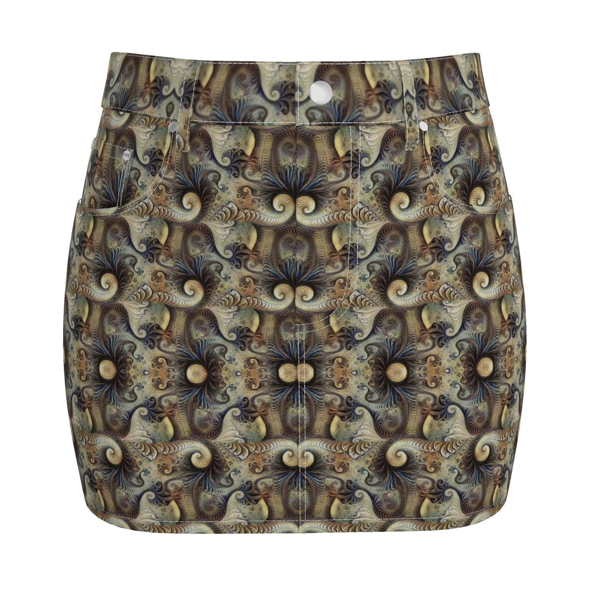 Bohemian Fractal Print Denim Mini Skirt | Psychedelic Earth Tone skirt
