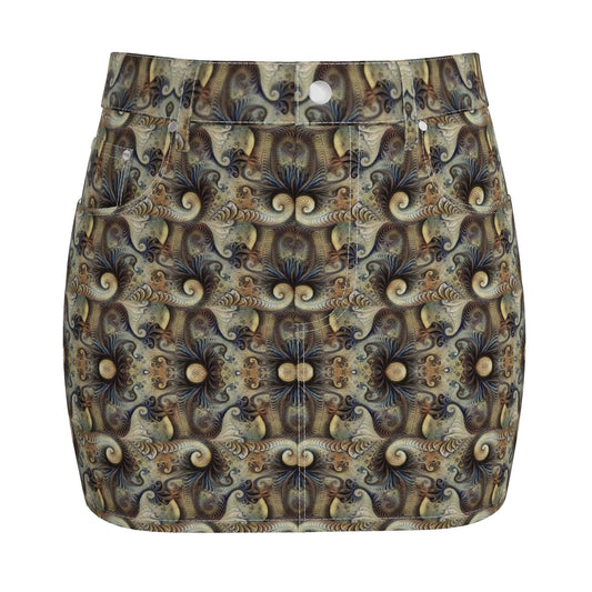 Bohemian Fractal Print Denim Mini Skirt | Psychedelic Earth Tone skirt