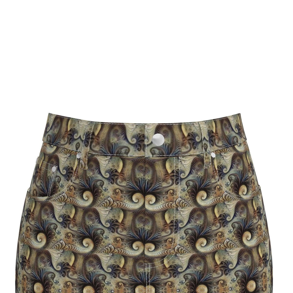 Bohemian Fractal Print Denim Mini Skirt | Psychedelic Earth Tone skirt