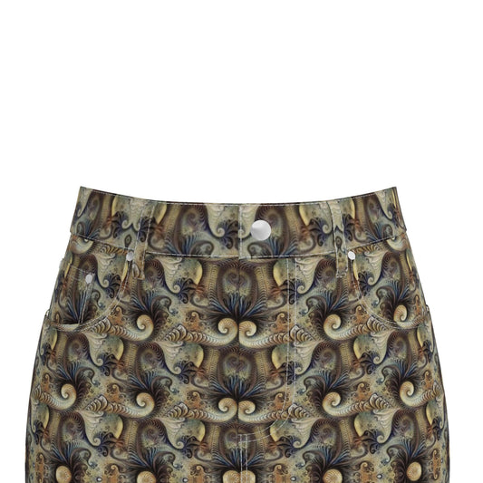 Bohemian Fractal Print Denim Mini Skirt | Psychedelic Earth Tone skirt