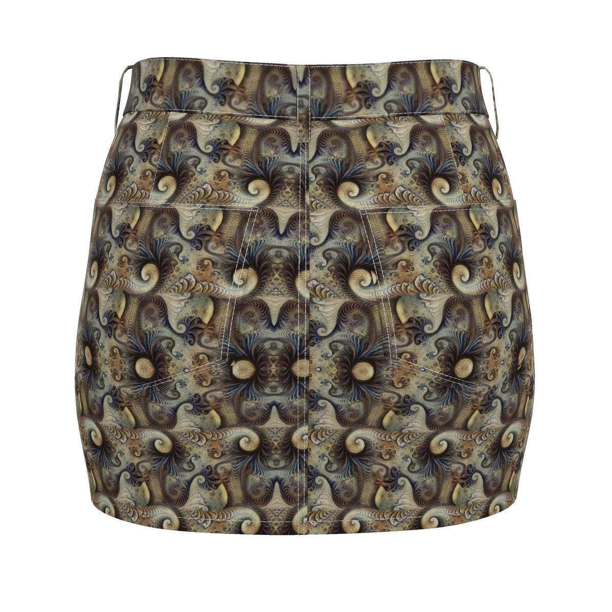 Bohemian Fractal Print Denim Mini Skirt | Psychedelic Earth Tone skirt