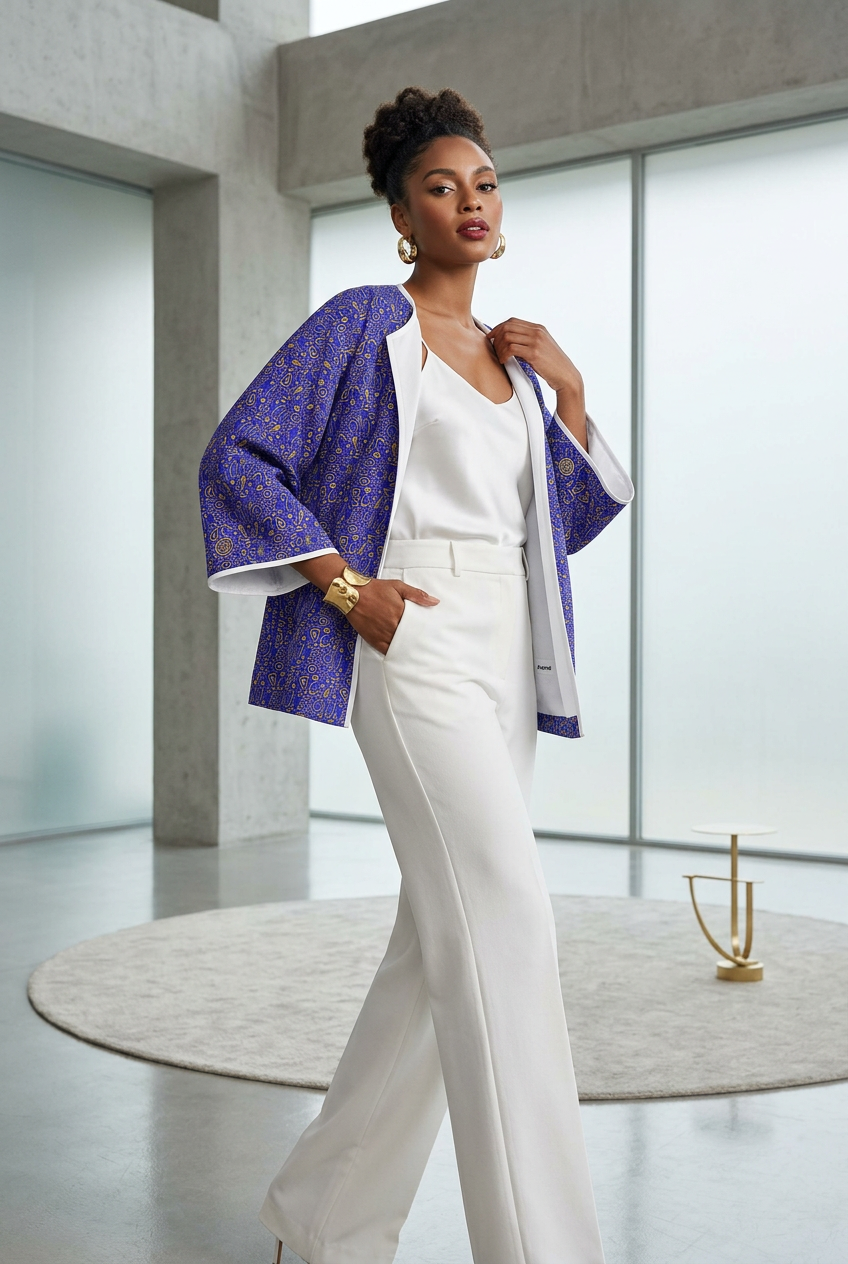 Abstract Blue & Gold Kimono Jacket, Artistic Open Front kimono jacket, Oversized Boho Robe, Contemporary Patterned Cover Up, Anome Statement Outerwear