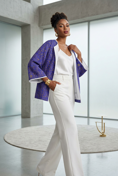 Abstract Blue & Gold Kimono Jacket, Artistic Open Front kimono jacket, Oversized Boho Robe, Contemporary Patterned Cover Up, Anome Statement Outerwear