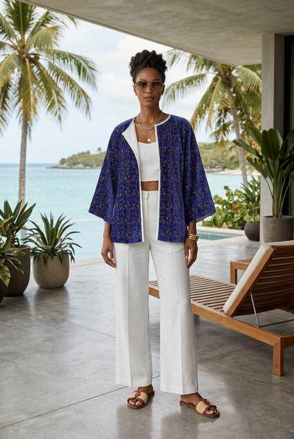 Abstract Blue & Gold Kimono Jacket, Artistic Open Front kimono jacket, Oversized Boho Robe, Contemporary Patterned Cover Up, Anome Statement Outerwear