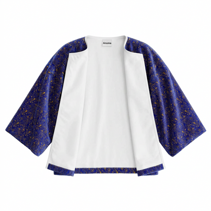 Abstract Blue & Gold Kimono Jacket, Artistic Open Front kimono jacket, Oversized Boho Robe, Contemporary Patterned Cover Up, Anome Statement Outerwear