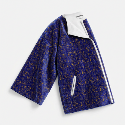 Abstract Blue & Gold Kimono Jacket, Artistic Open Front kimono jacket, Oversized Boho Robe, Contemporary Patterned Cover Up, Anome Statement Outerwear
