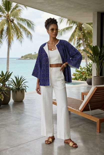 Abstract Blue & Gold Kimono Jacket, Artistic Open Front kimono jacket, Oversized Boho Robe, Contemporary Patterned Cover Up, Anome Statement Outerwear