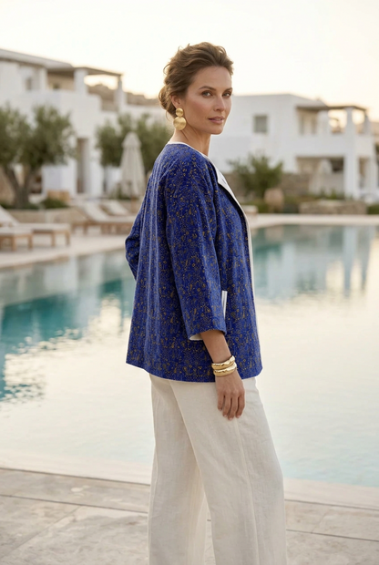 Abstract Blue & Gold Kimono Jacket, Artistic Open Front kimono jacket, Oversized Boho Robe, Contemporary Patterned Cover Up, Anome Statement Outerwear