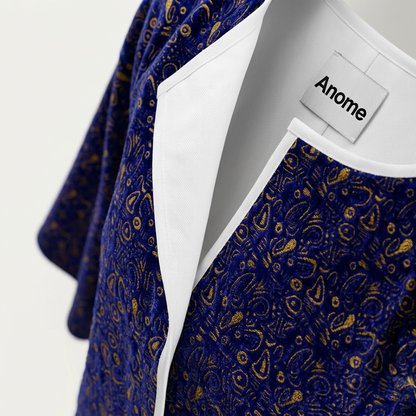 Abstract Blue & Gold Kimono Jacket, Artistic Open Front kimono jacket, Oversized Boho Robe, Contemporary Patterned Cover Up, Anome Statement Outerwear