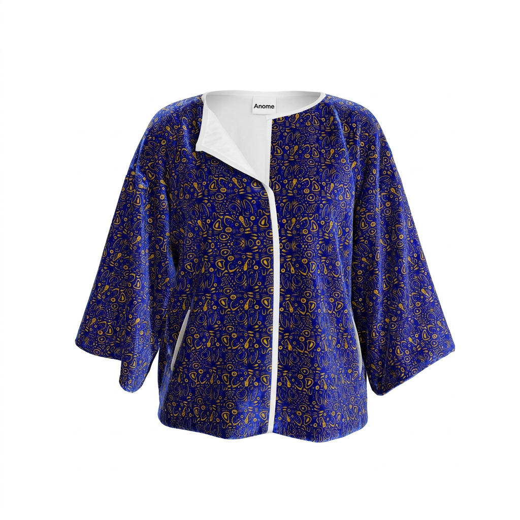 Abstract Blue & Gold Kimono Jacket, Artistic Open Front kimono jacket, Oversized Boho Robe, Contemporary Patterned Cover Up, Anome Statement Outerwear