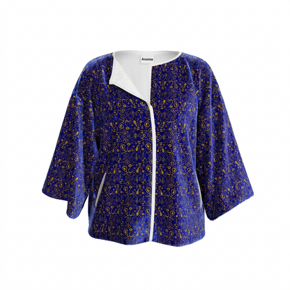 Abstract Blue & Gold Kimono Jacket, Artistic Open Front kimono jacket, Oversized Boho Robe, Contemporary Patterned Cover Up, Anome Statement Outerwear