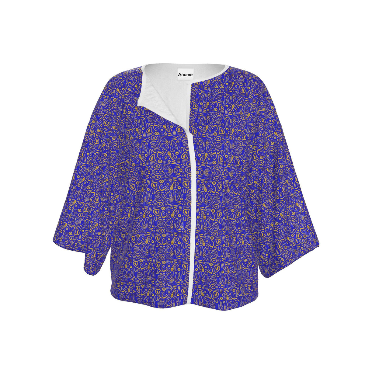 Abstract Blue & Gold Kimono Jacket, Artistic Open Front kimono jacket, Oversized Boho Robe, Contemporary Patterned Cover Up, Anome Statement Outerwear