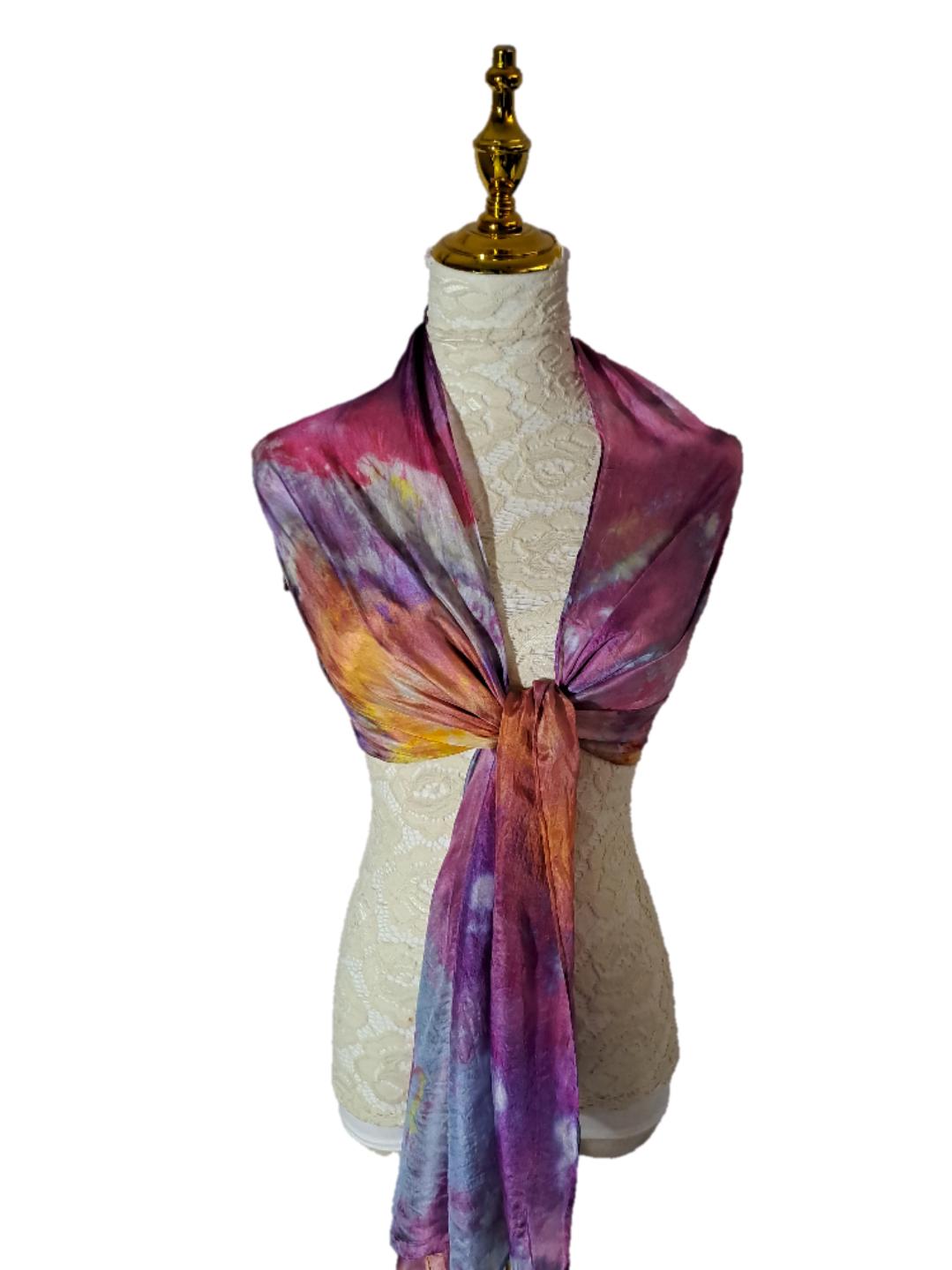 Hand Dyed Silk Scarf: Purple Orange Watercolor Boho Shawl