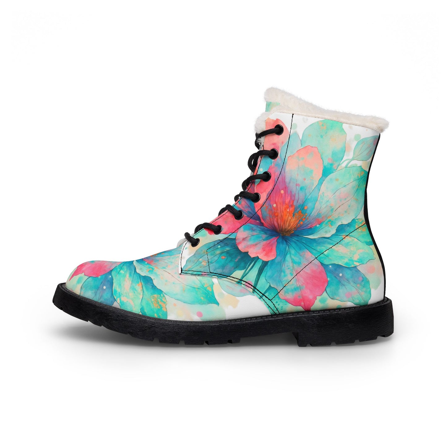 Floral Fur-Lined Leather Boots — Women's Watercolor Flower Winter Boots