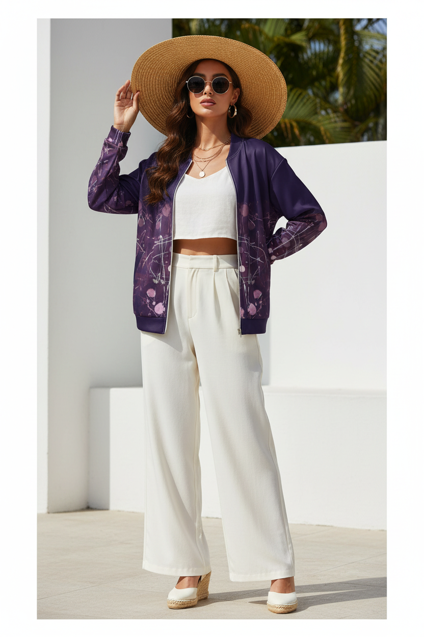 Purple Gradient Bomber Jacket: Batik Style Graphic Design
