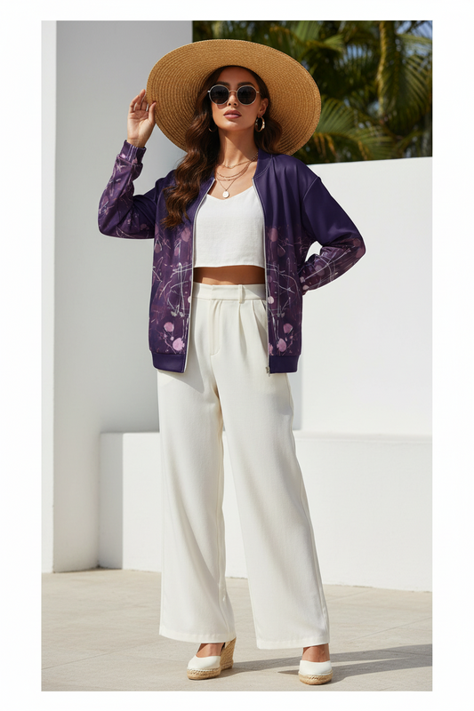 Purple Gradient Bomber Jacket: Batik Style Graphic Design