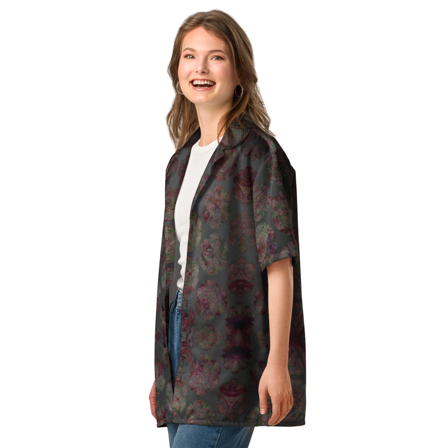 Vintage-Inspired Dark Floral Print Cropped Shirt – Women’s Casual Button-Up Blouse