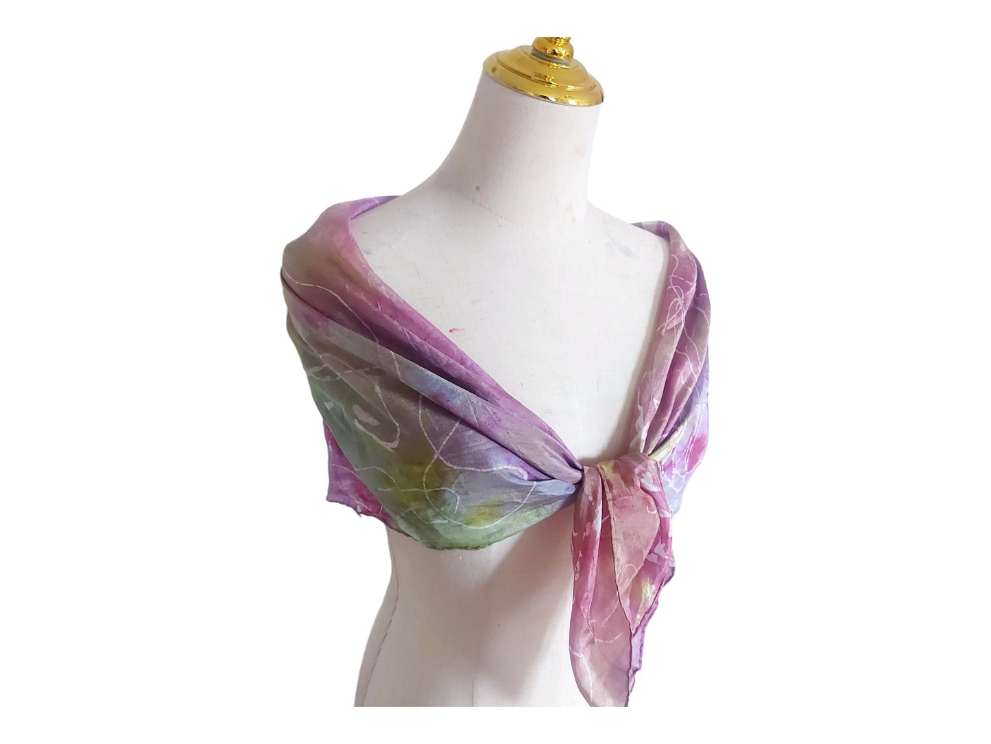 Pink and Green Batik Silk Scarf with Metallic Accents