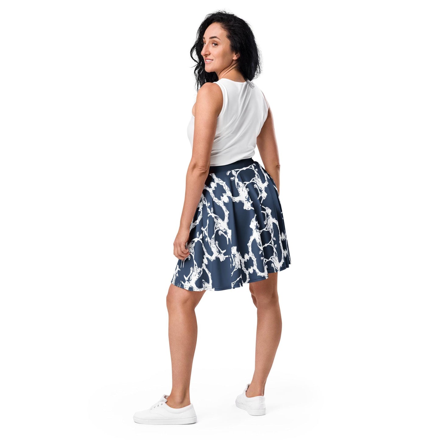 Navy Blue Skater Skirt: Abstract Print, Elastic Waist