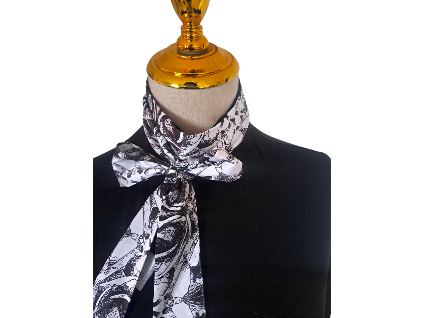 Silky Skinny Scarf: Abstract Blossom Print, Black and White Necktie
