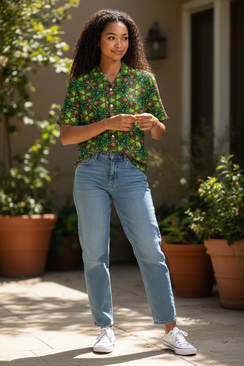 Green and Orange Button Shirt – Casual Vintage, Wrinkle-Free Comfort