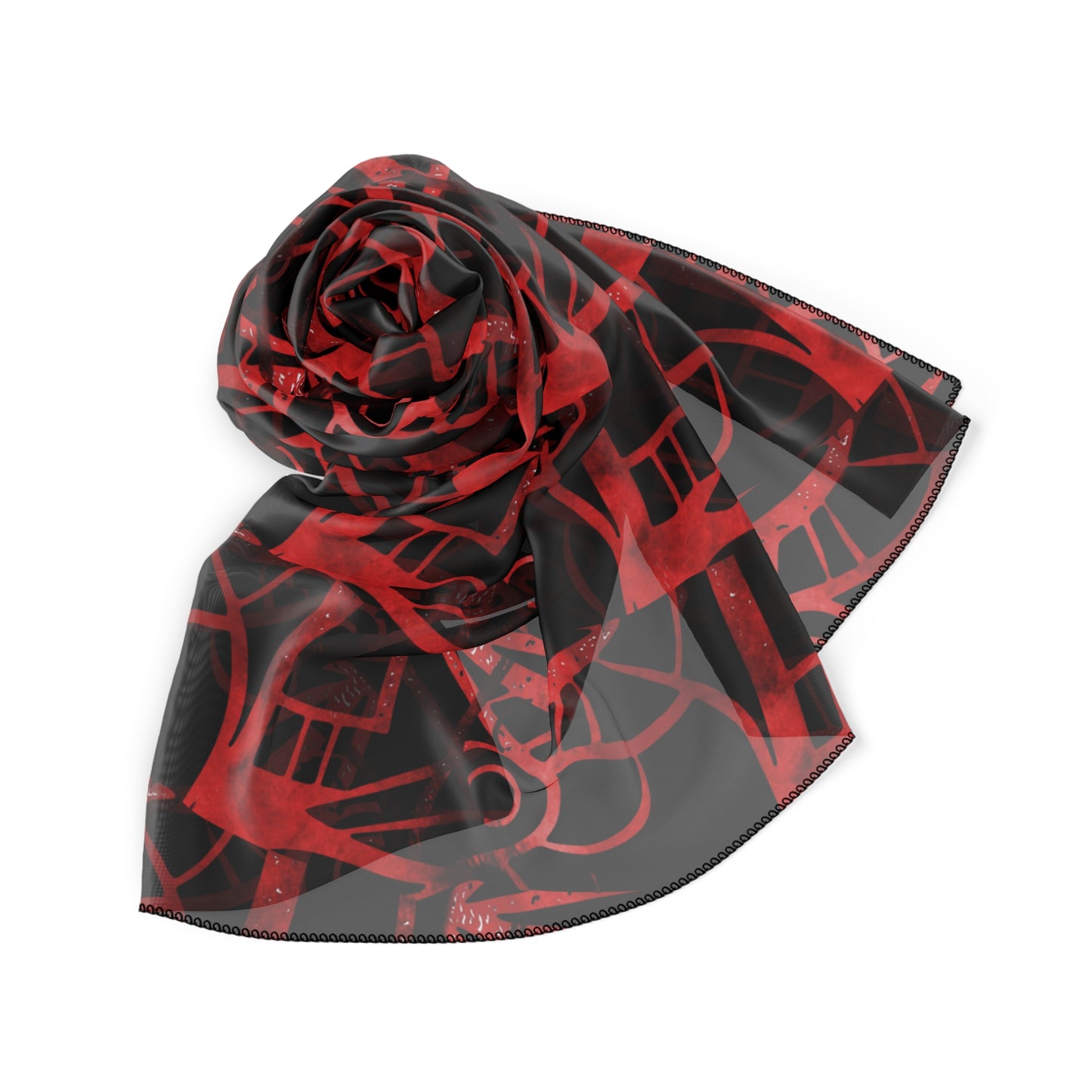 Geometric Red & Black Silk Scarf - Modern Abstract Pattern