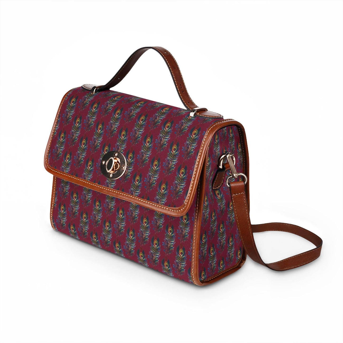 Canvas Bag — Waterproof Burgundy Peacock Feather Print Shoulder Bag