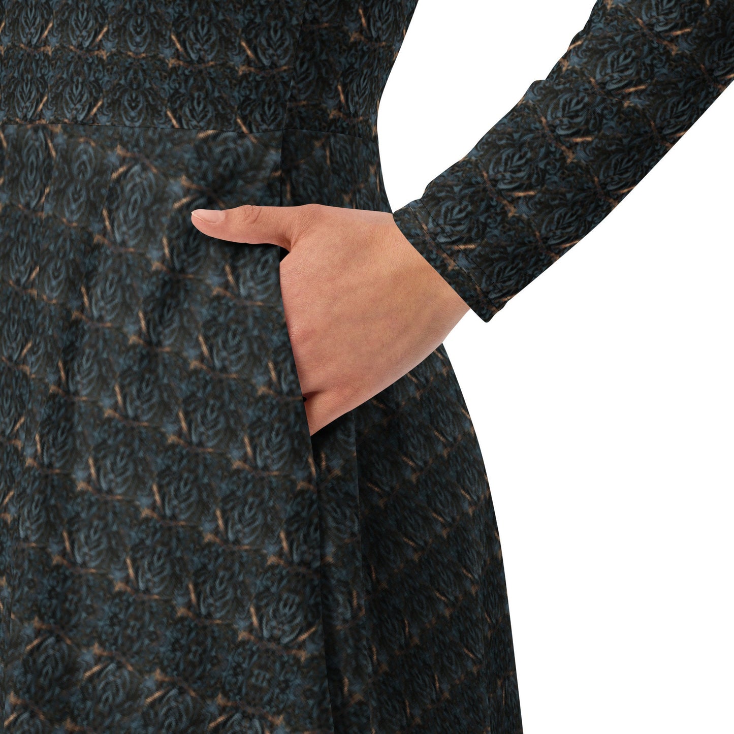 Navy Blue Marble Knit Midi Dress | Long Sleeve Party Gown