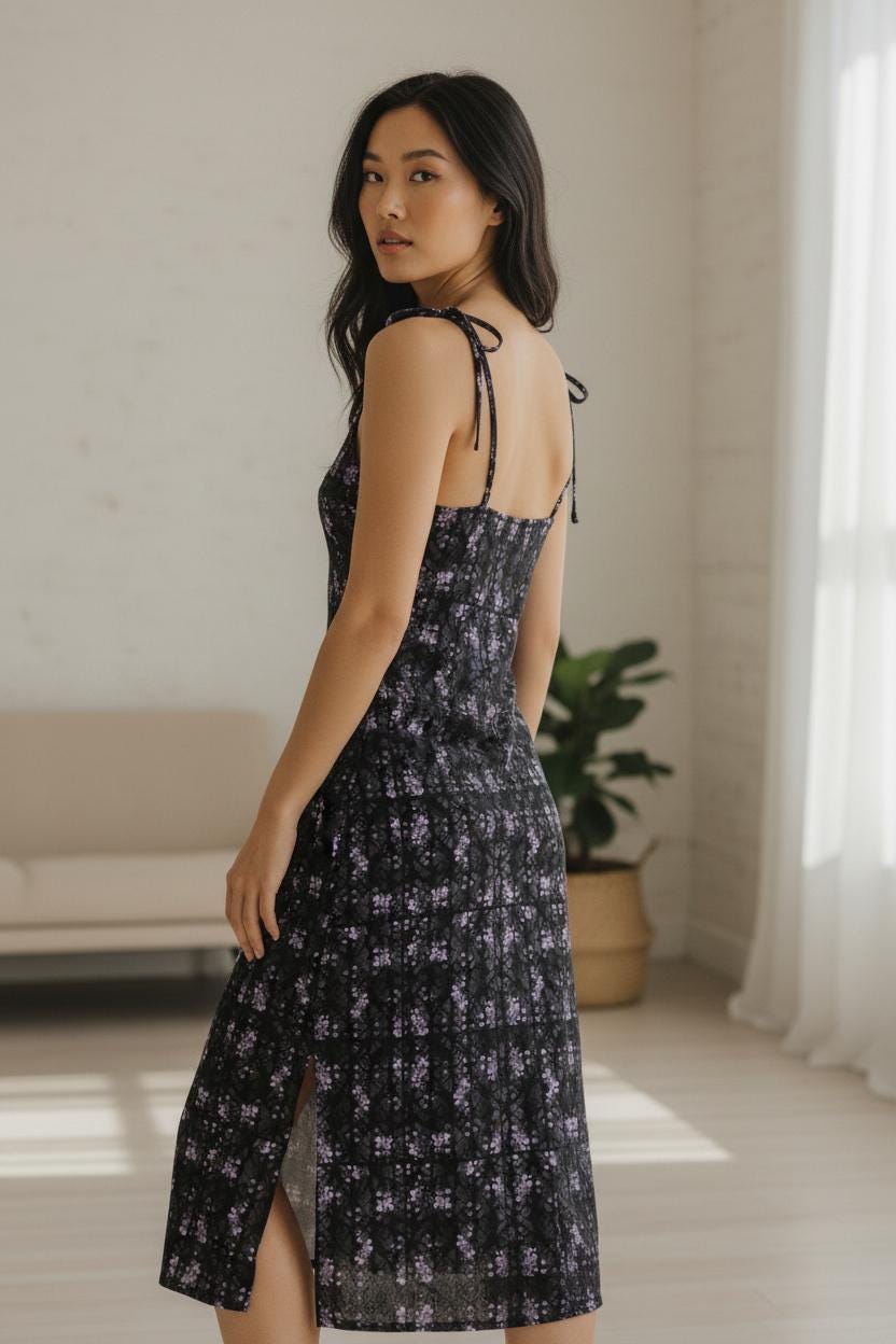 Black Floral Chiffon Midi Dress – womens gift & Holiday Outfit