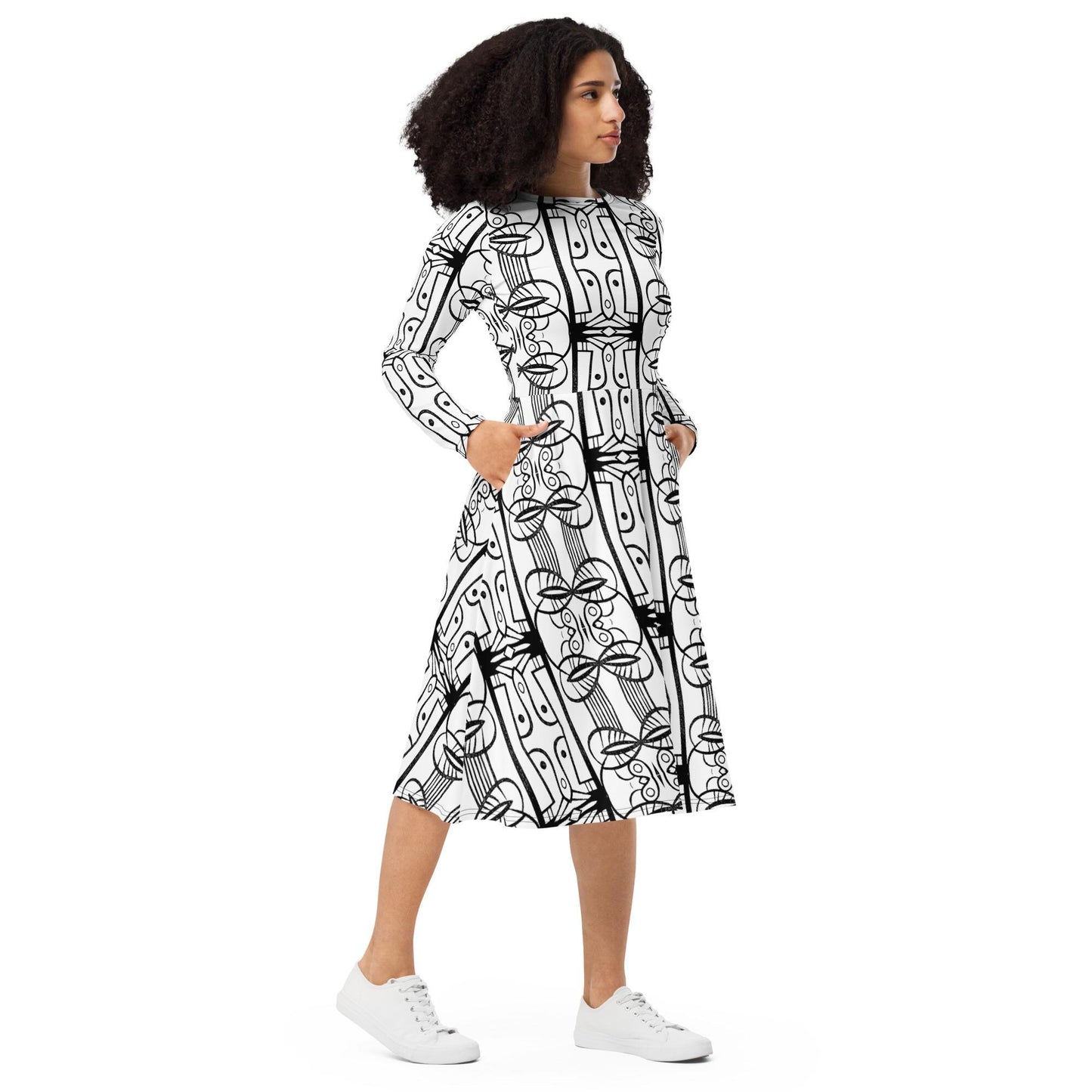 long sleeve midi dress abstract black and white print, casual dress