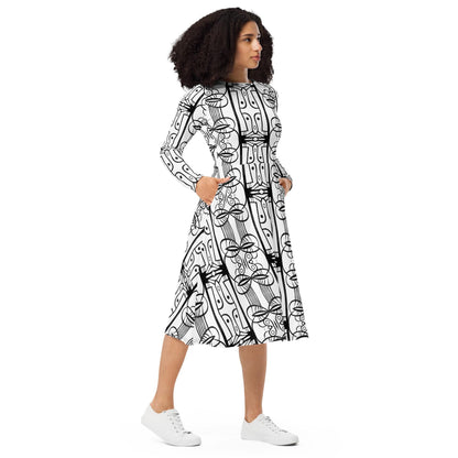 long sleeve midi dress abstract black and white print, casual dress