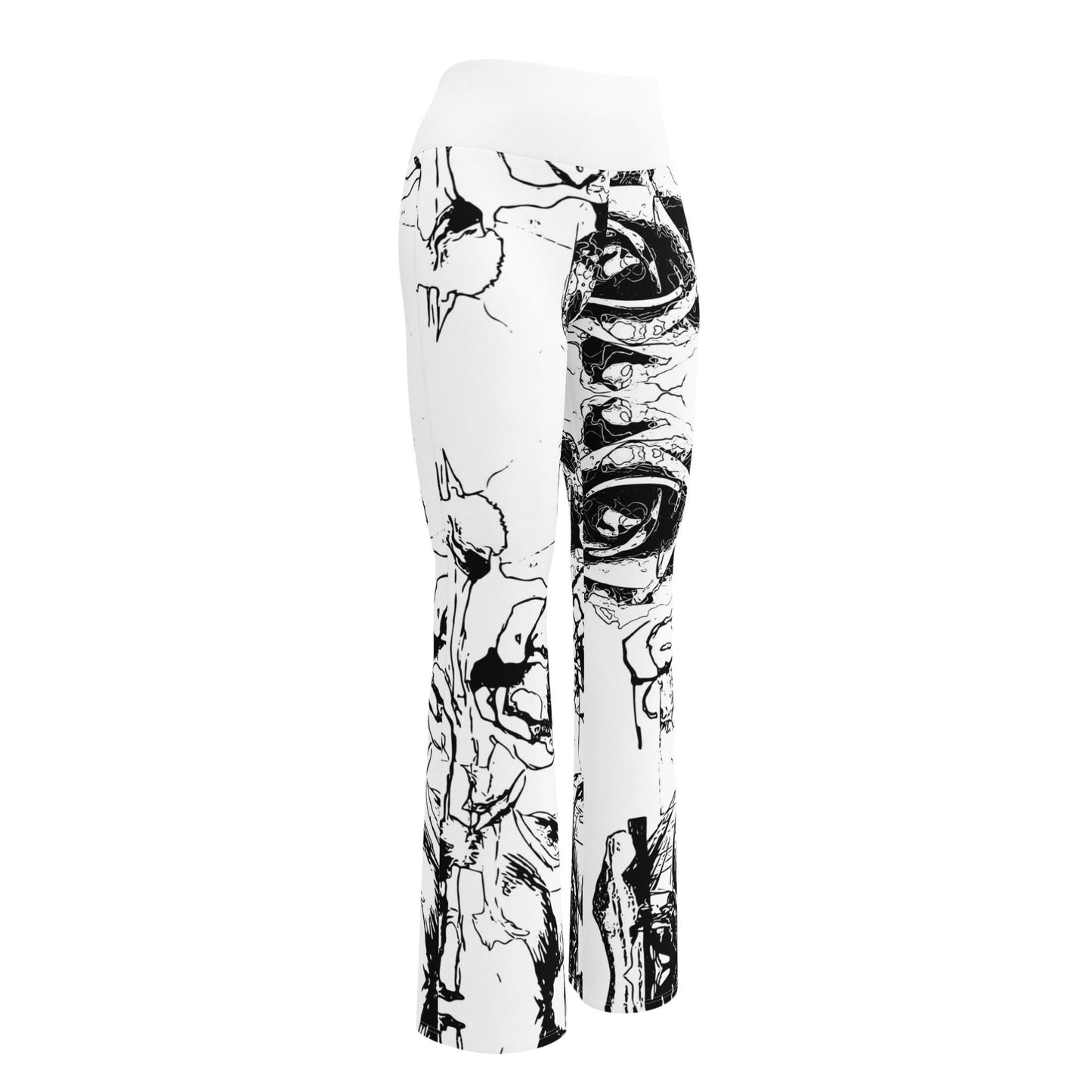 High Waisted Flare Leggings: Black & White Floral Trousers