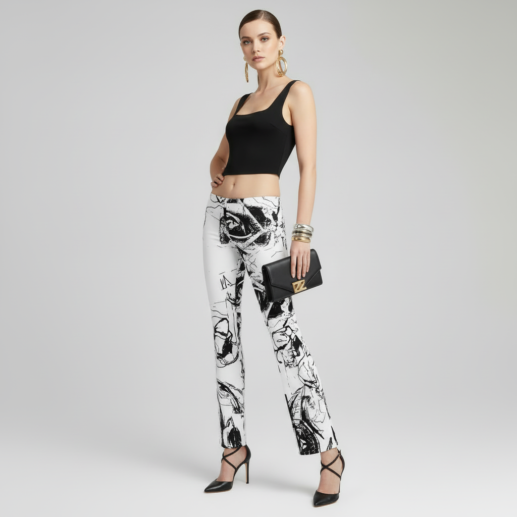 High Waisted Flare Leggings: Black & White Floral Trousers