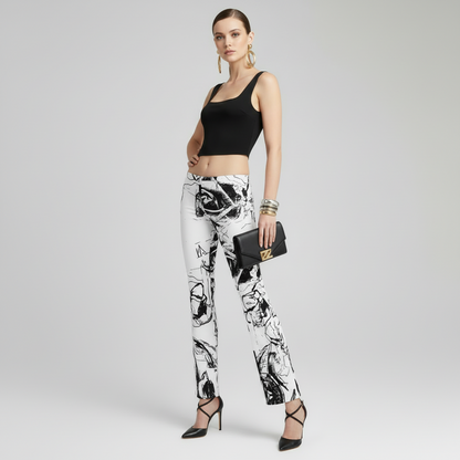 High Waisted Flare Leggings: Black & White Floral Trousers