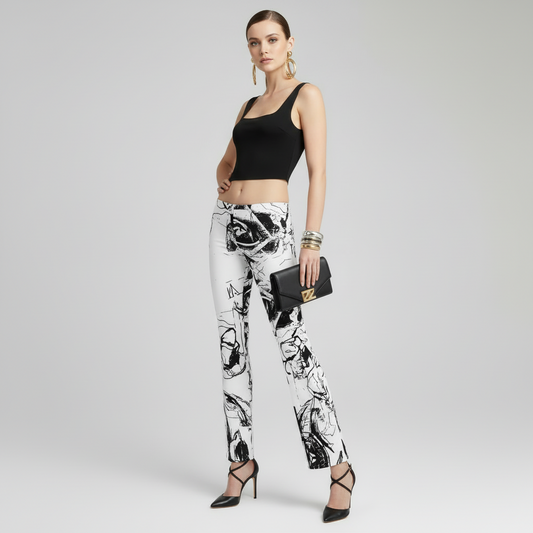 High Waisted Flare Leggings: Black & White Floral Trousers