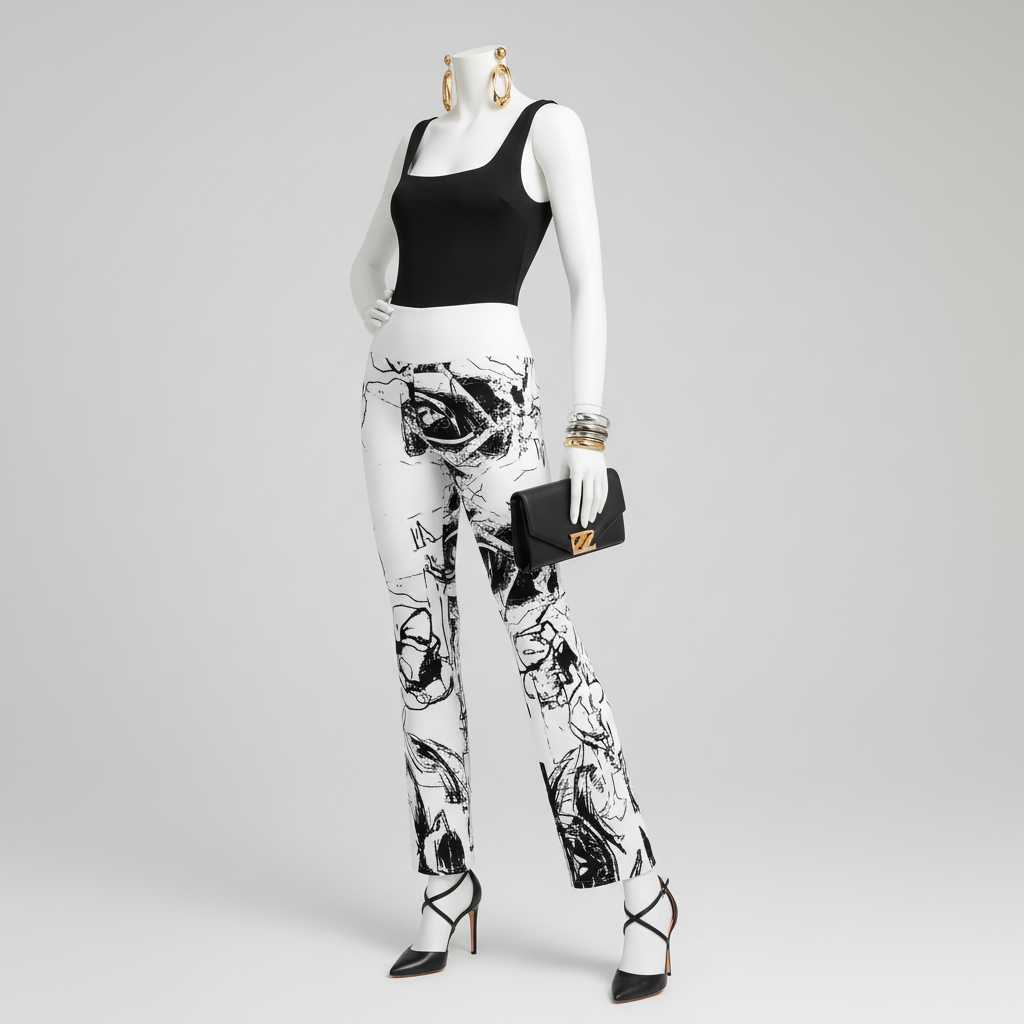 High Waisted Flare Leggings: Black & White Floral Trousers