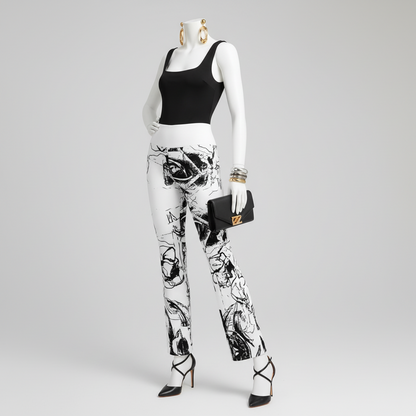 High Waisted Flare Leggings: Black & White Floral Trousers