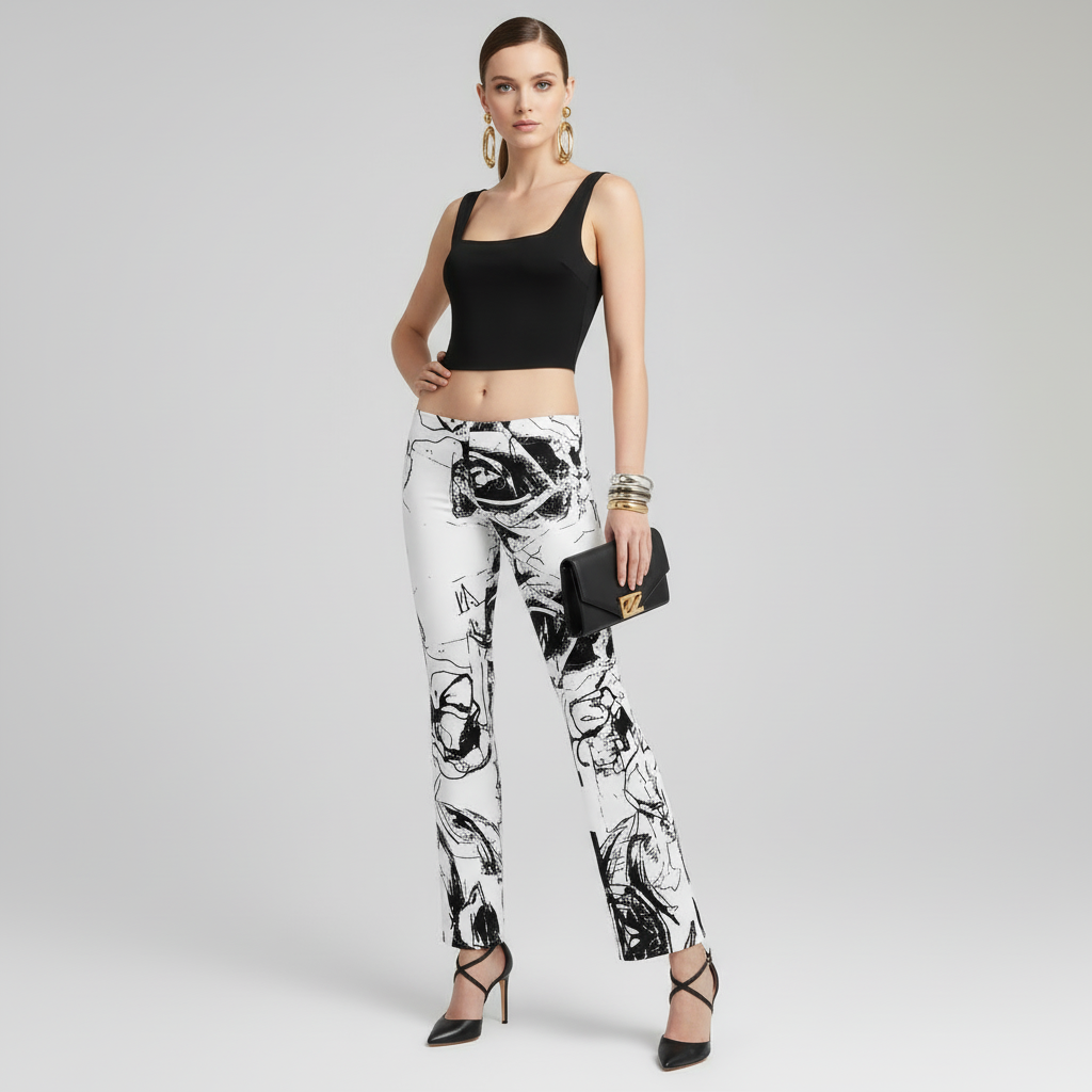 High Waisted Flare Leggings: Black & White Floral Trousers