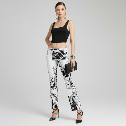 High Waisted Flare Leggings: Black & White Floral Trousers