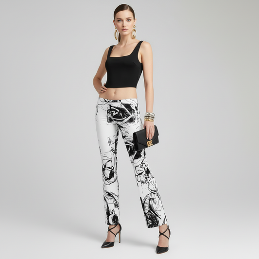 High Waisted Flare Leggings: Black & White Floral Trousers