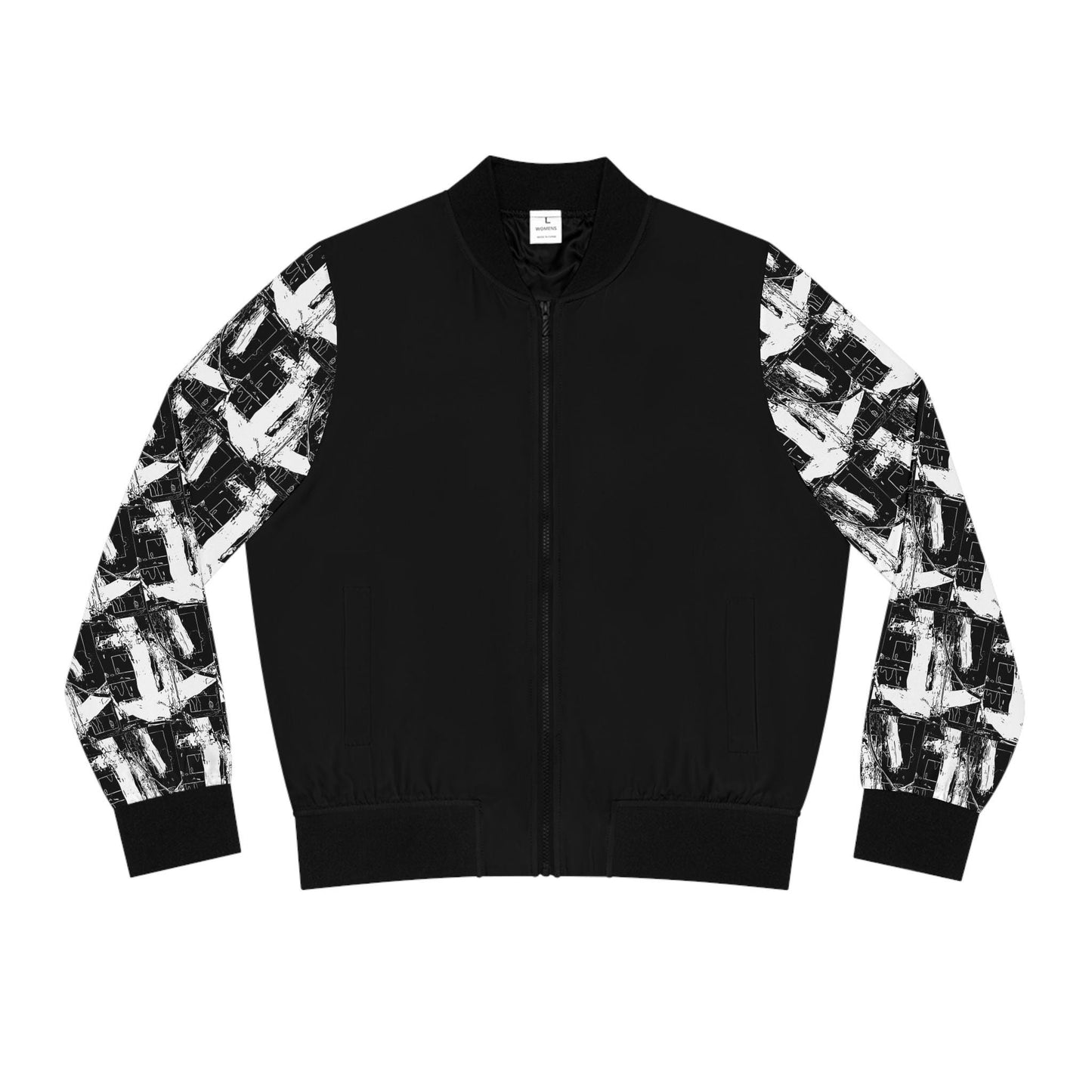 Abstract Patterned Bomber Jacket: Black & White Sleeve Design