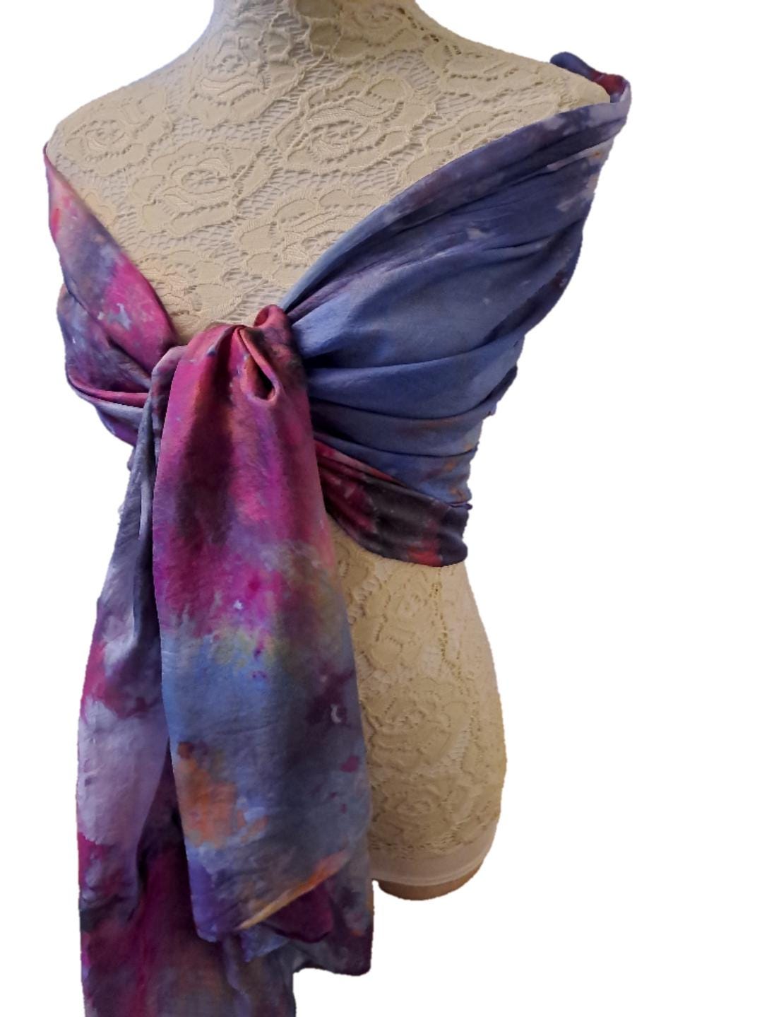 Ice Dyed Scarf: Vibrant Blue Purple Pink Lightweight Silk Scarf