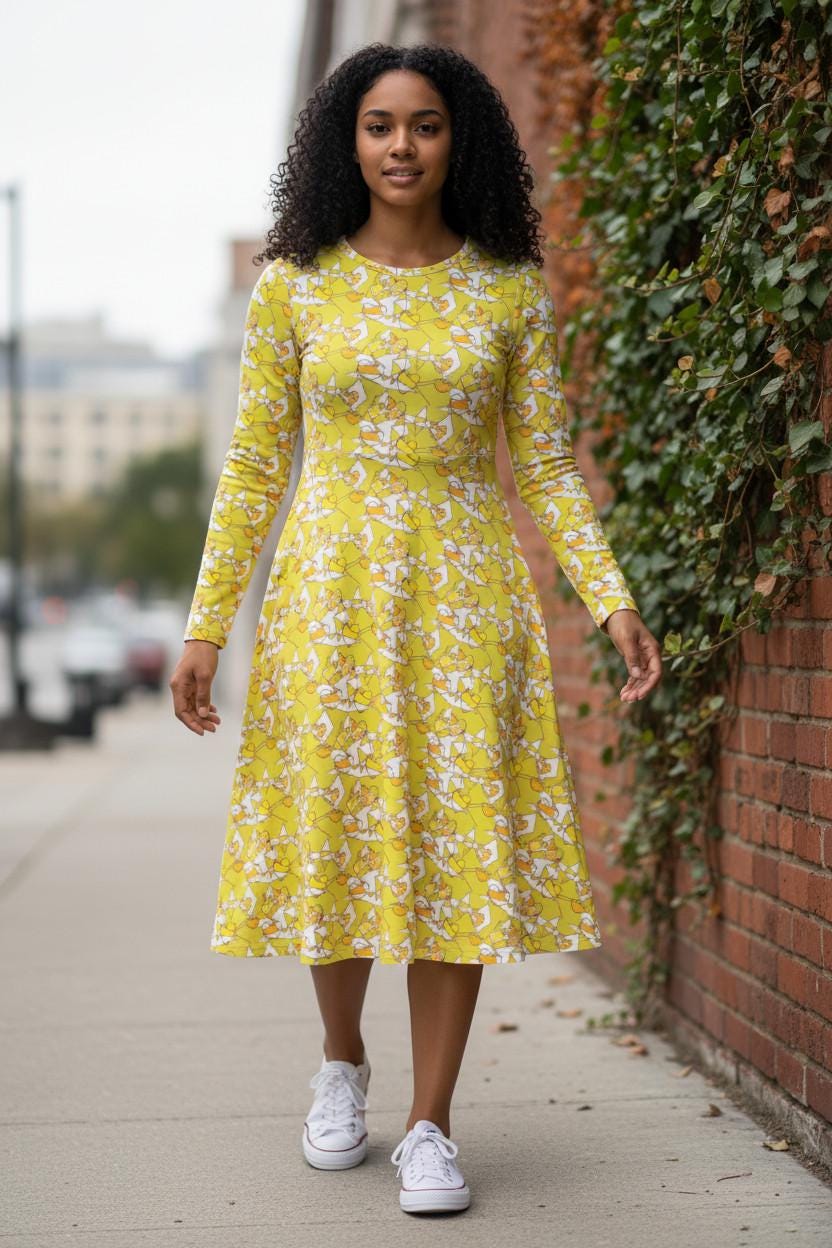 Bright Yellow Abstract A-Line Dress – Long Sleeve Midi with Pockets