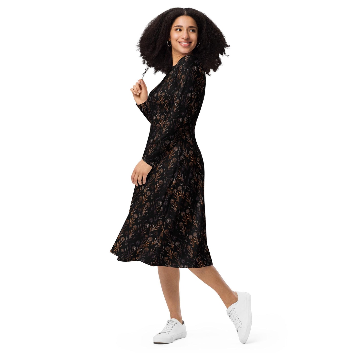 Floral Maxi Dress: Black & Gold Flared Long Sleeve Midi