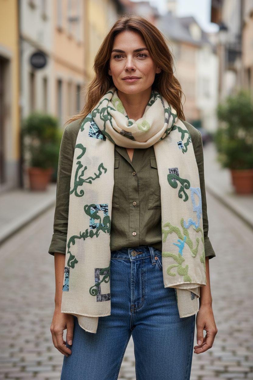 Boho Summer Shawl Wrap: Lightweight Beige Scarf with Puffy Swirls