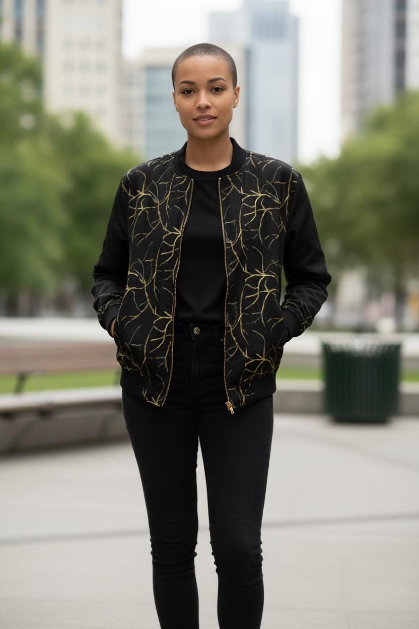 Plus Size Bomber Jacket: Black with Gold Geometric Print