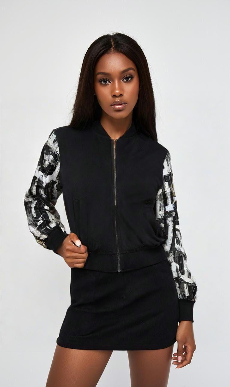 Abstract Patterned Bomber Jacket: Black & White Sleeve Design