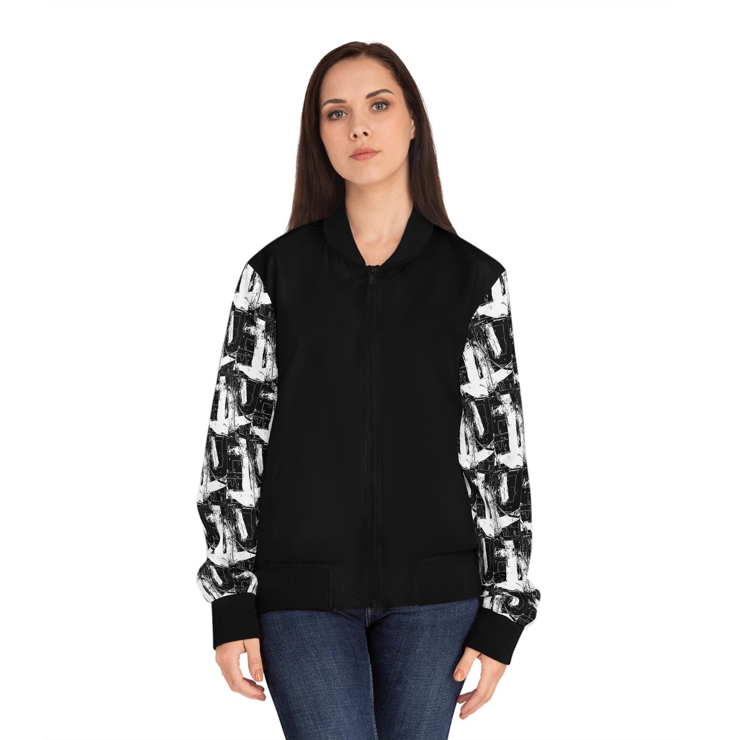 Abstract Patterned Bomber Jacket: Black & White Sleeve Design