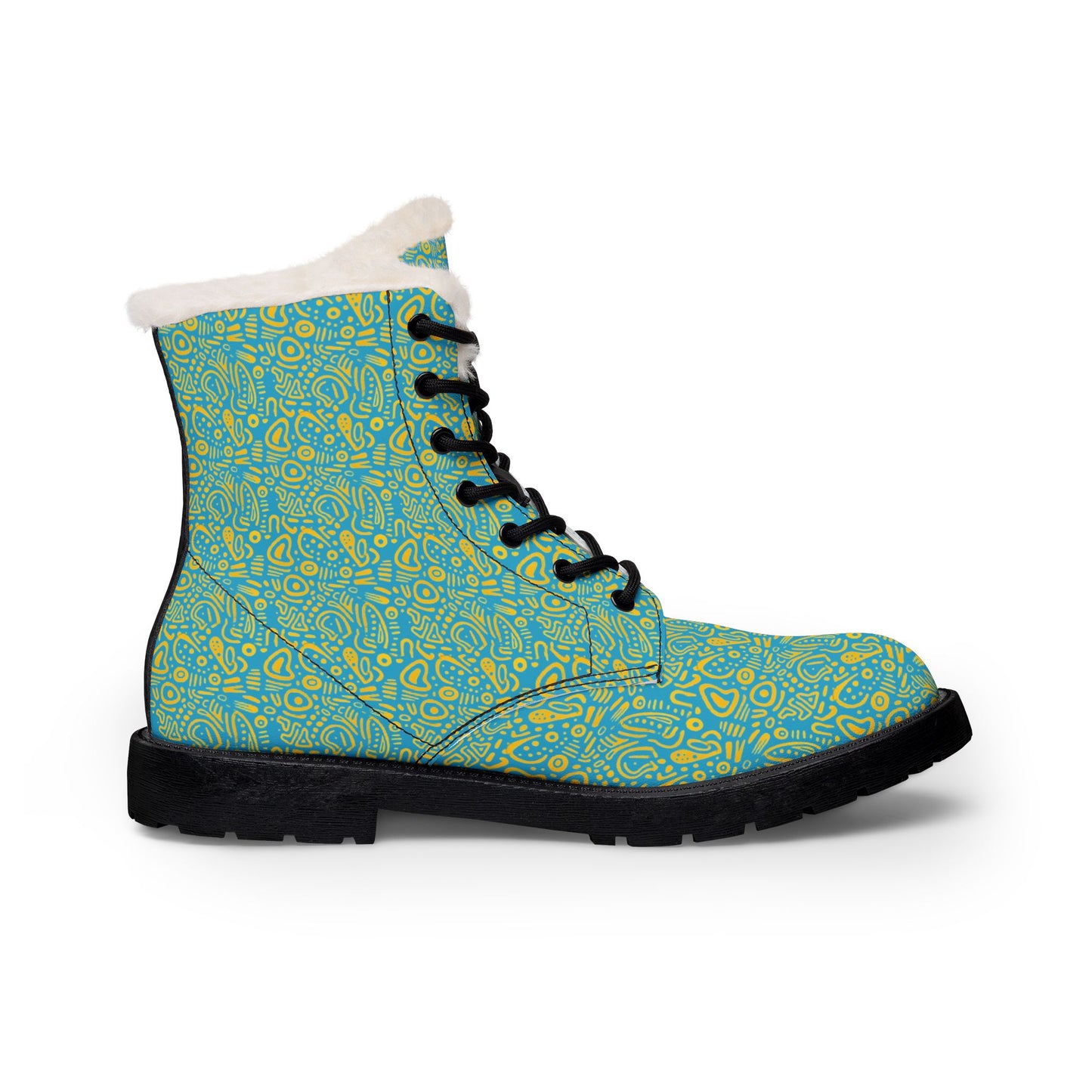 Women's Fur-Lined Leather Boots — Turquoise Floral Pattern Winter Ankle Boots